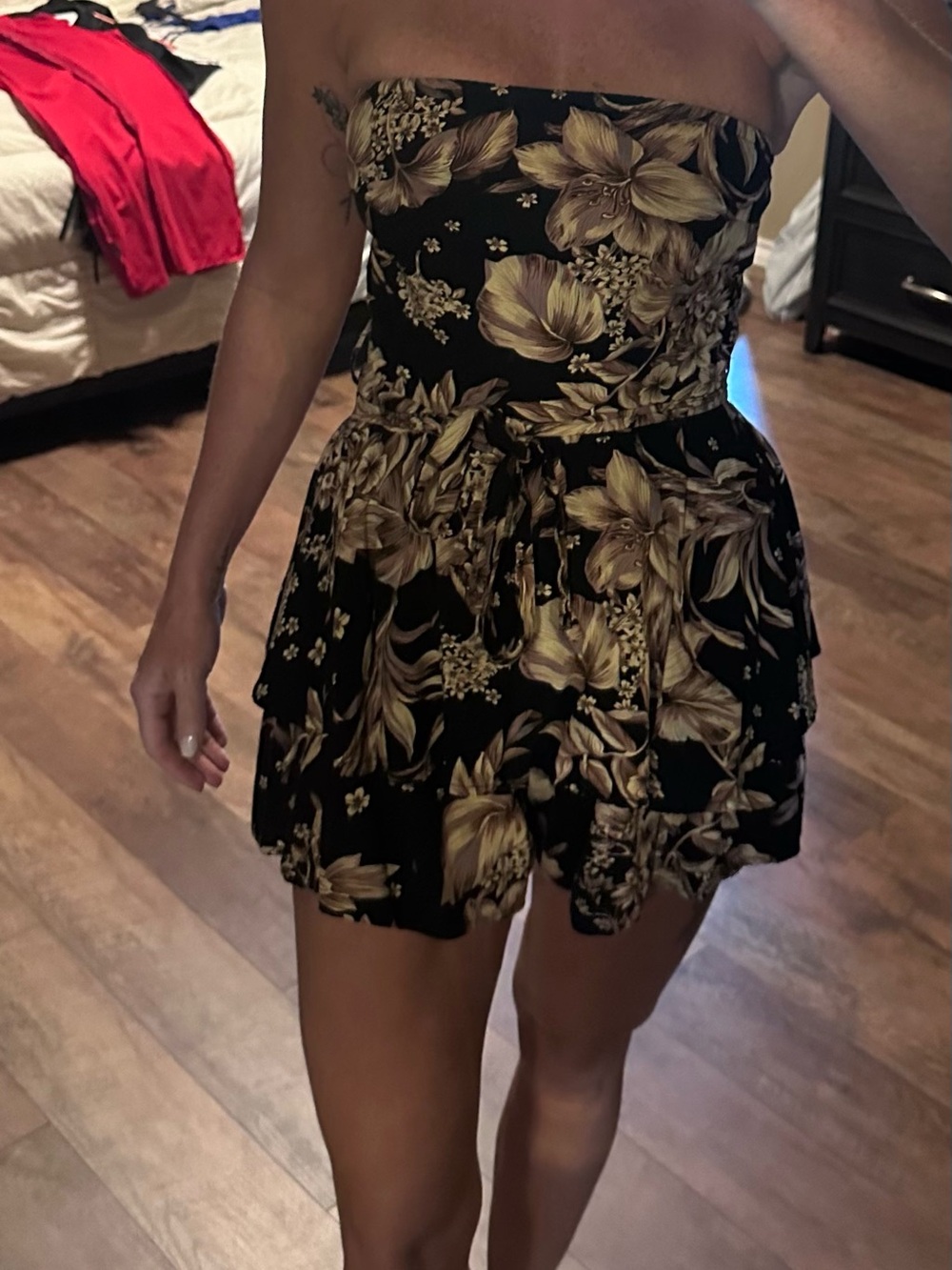 Strapless Floral Romper in Black and Gold